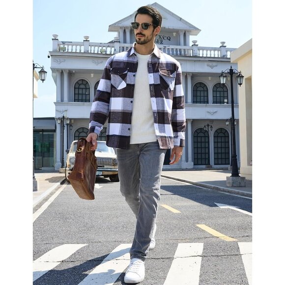 Men's Black & Grey Brushed Cotton Plaid Flannel Button Down Shirt Jacket - Picture 4 of 7